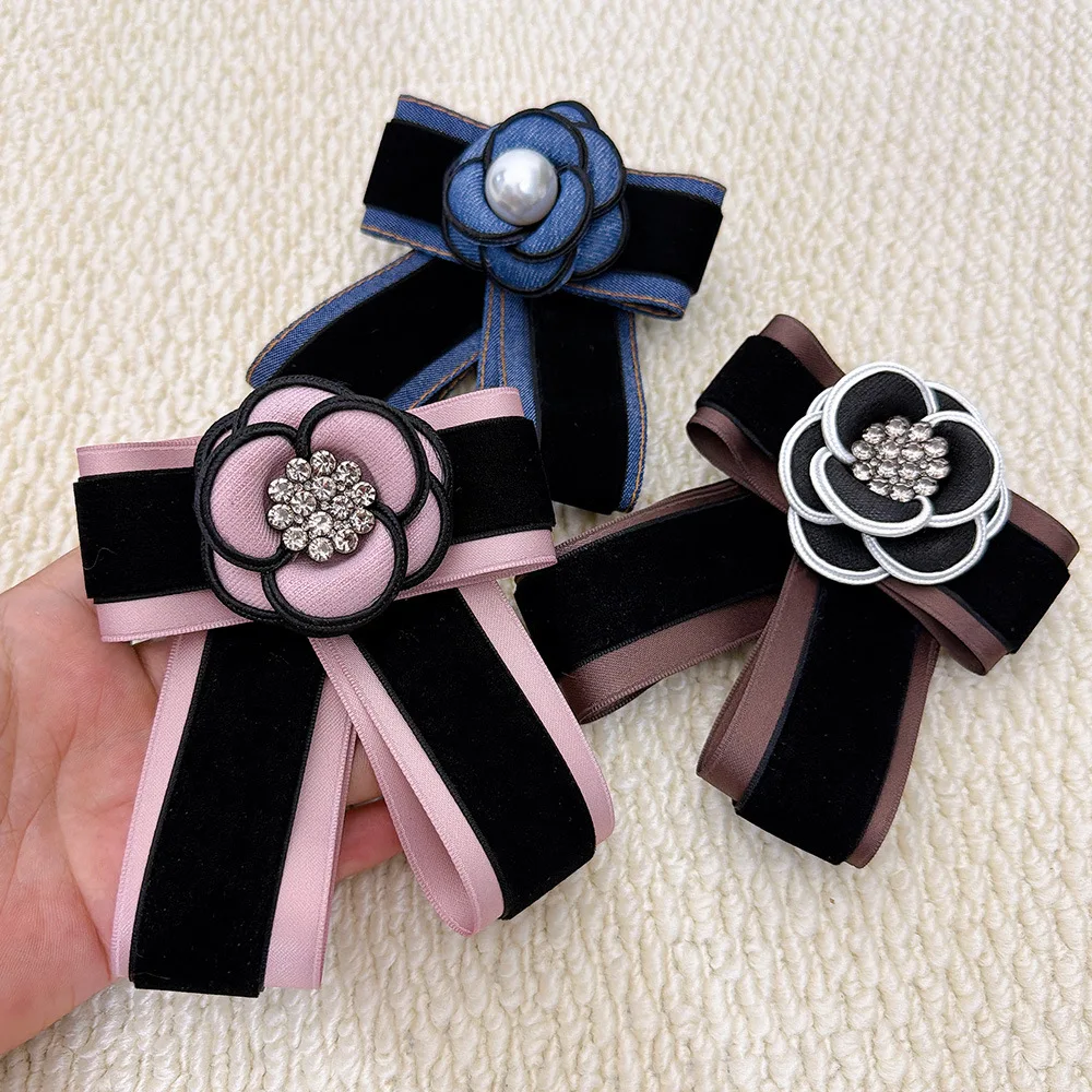 New Arrival Camellia Rhinestone Bow Tie for Women Velvet Color Block Sparkling Brooch for Dress Coat Collar Party Wedding Daily