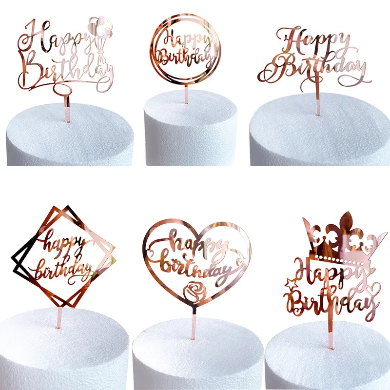 Crown Happy birthday cake topper cake Insert Decorating Supplies Acrylic rose gold  topper cupcak Flag birthday Party decoration