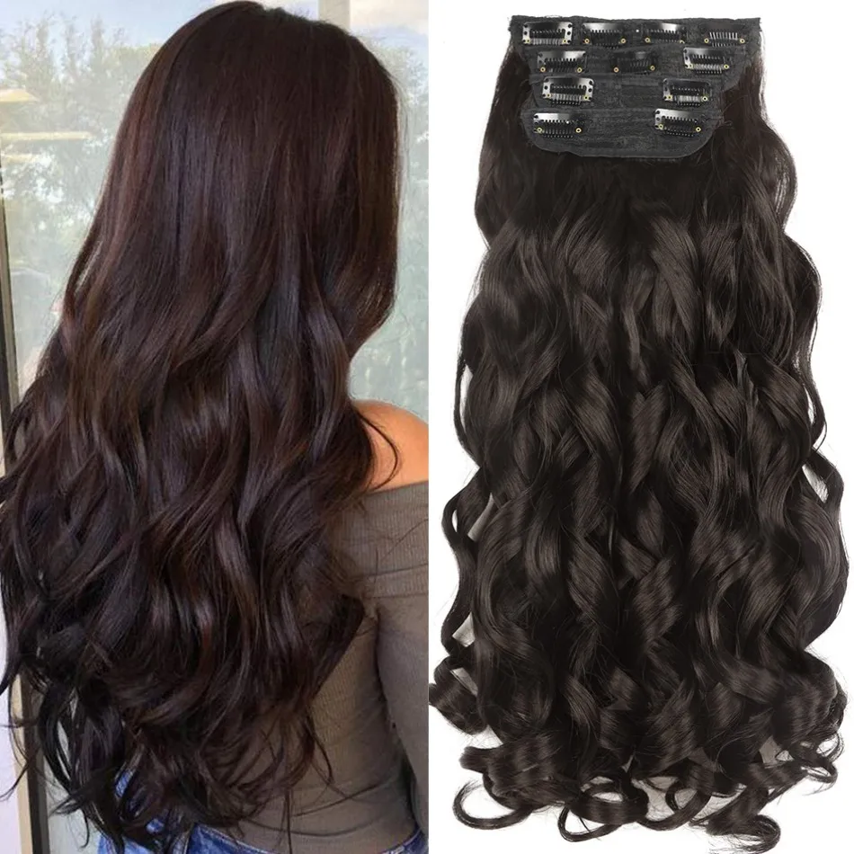 Synthetic Long Loose Curly Clip In Hair Extension 20 Inch 4Pcs 200g Thick Double Weft Hairpieces European Princess Fiber Brown