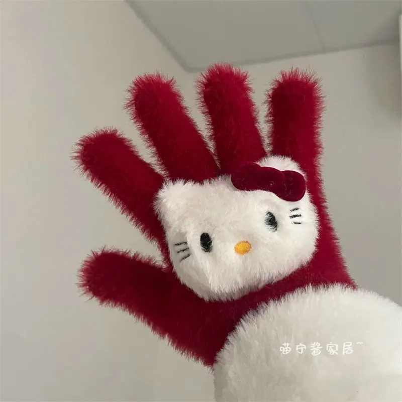 Novo Red Kitty Furry Luvas Nicho Outono e Inverno Retro Pelúcia Luvas Quentes Anticongelante