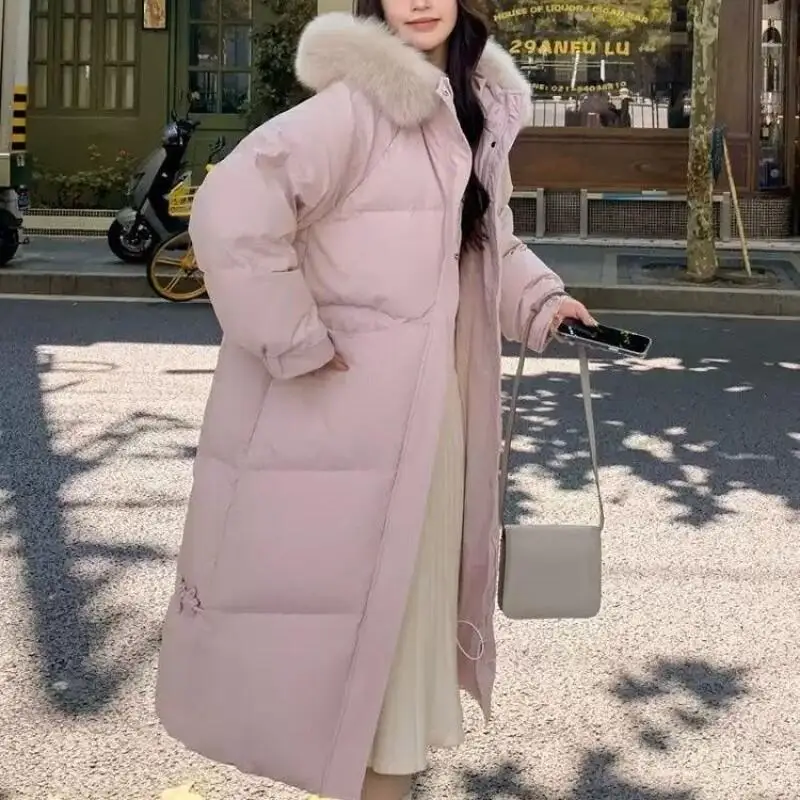 معطف طويل من القطن للنساء سترة شتوية جديدة فضفاضة فوق الركبة كورية سميكة كبيرة بياقة من الفرو معطف المدينة سترة شتوية للنساء #4