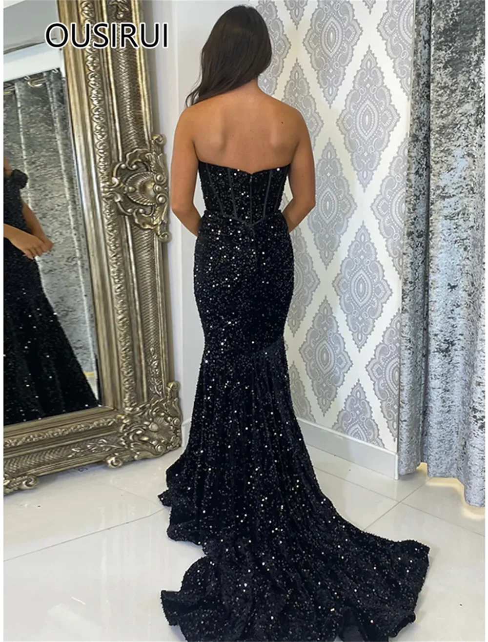 Customized Elegant Sweetheart Collar Sequins Shiny Prom Graduation Dress Sexy Mermaid Backelss Trian Prom Cocktail Dress