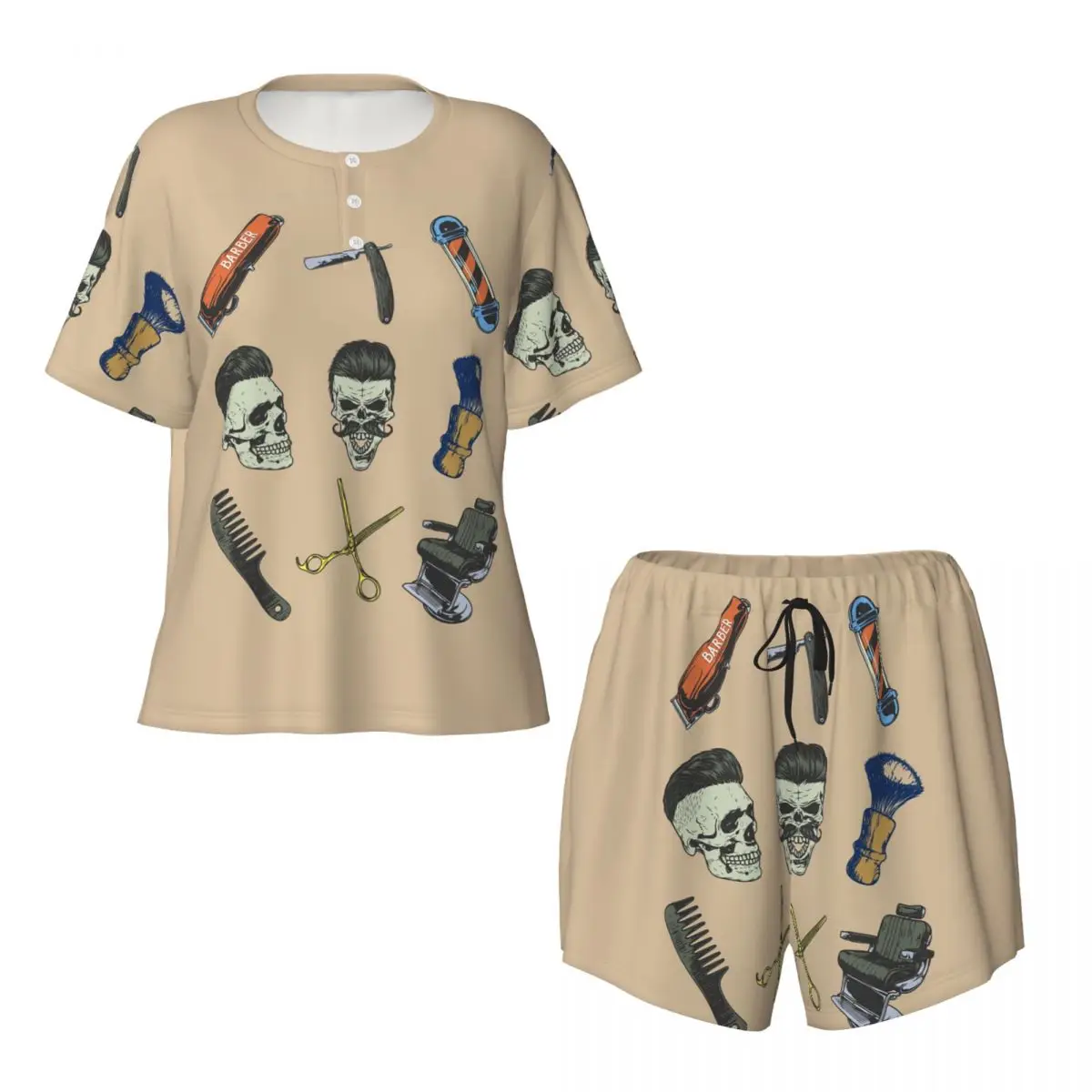 

Barber Shop Sign Round Neck Short Sleeves Nightdress for Sleeping Sleepshirts Women Soft Pajama Set Short Pants