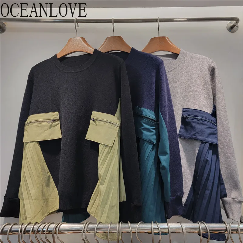 OCEANLOVE  Fake 2 Pieces Women Sweaters Zipper Contrast Color Loose Pullovers Korean Fashion Vintage Autumn Winter Pull Femme