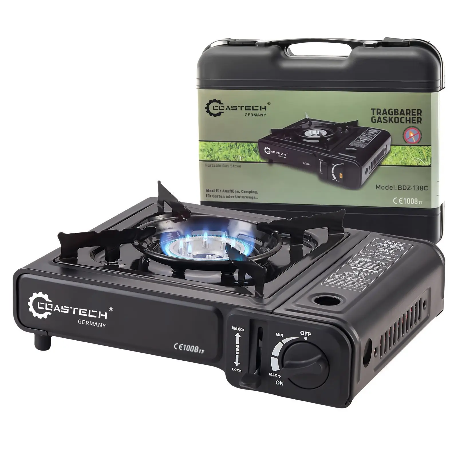 Einflammiger tragbarer Gaskocher,kompakter Campingkocher für Garten & Picknick, robuster Mini Gasherd mit stabiler Kochplatte für Töpfe und Pfannen, leichter Outdoor Notkocher, praktische mobile