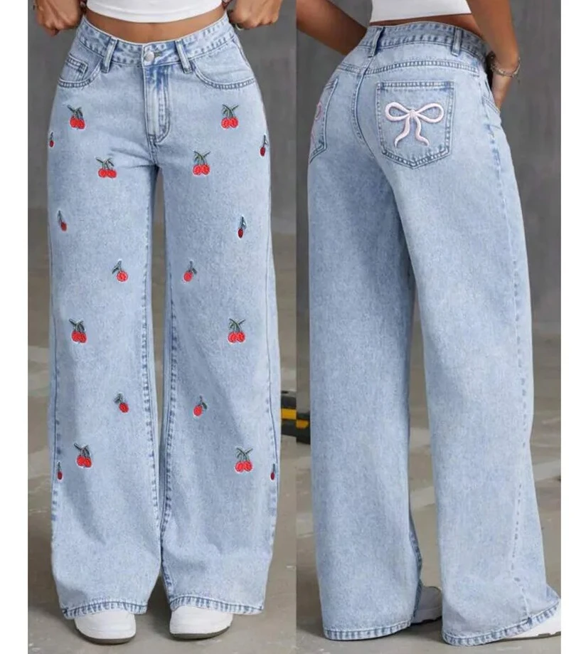 

Denim Wide Leg Pants Women Jeans Embroidery High Waist Distressed Washed Mom Pockets Vintage Floor Length Trousers Streetwear