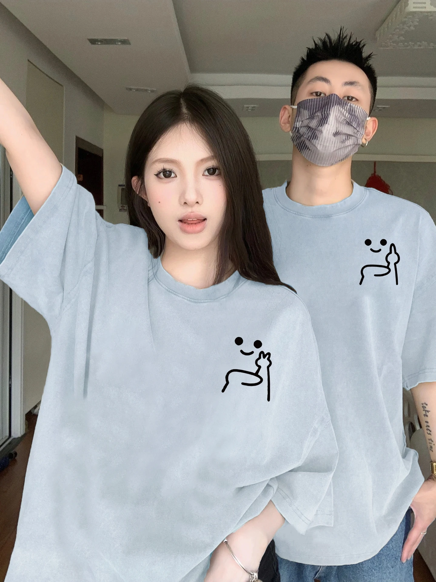 Funny Little Expression Pattern Couple Clothing Summer High Quality Pure Cotton Short Sleeves 2024 New Casual Breathable Tops