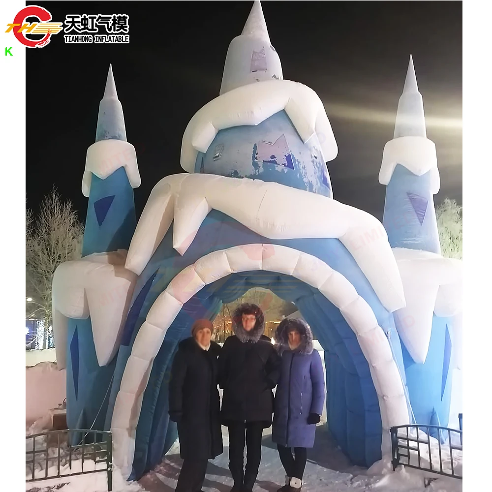 Envío rápido, 5mH, castillo de hielo inflable, arco de túnel, tienda de túnel inflable de copo de nieve de invierno personalizada con soplador