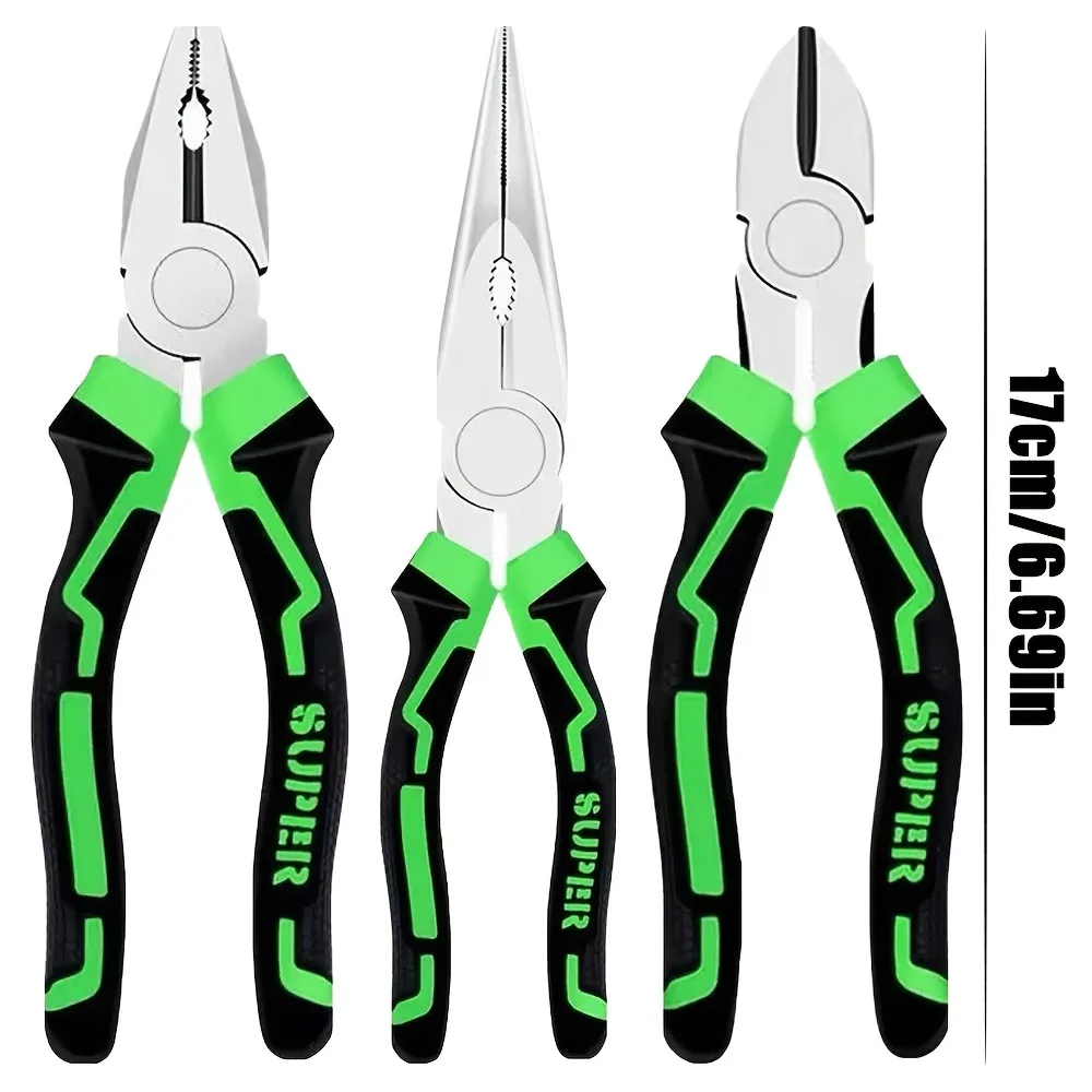 3-Piece 6-Inch Pliers Set – Includes Combination Pliers, Needle-Nose Pliers, and Wire-Cutting Pliers; Industrial-Grade, Multi-Functional Repair Tool Kit for Electricians