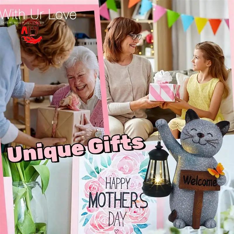 

AF90-Solar Powered Cat Statue With Lantern, Resin Kitten Outdoor Lawn Porch Yard Artwork, Birthday Gift With Light