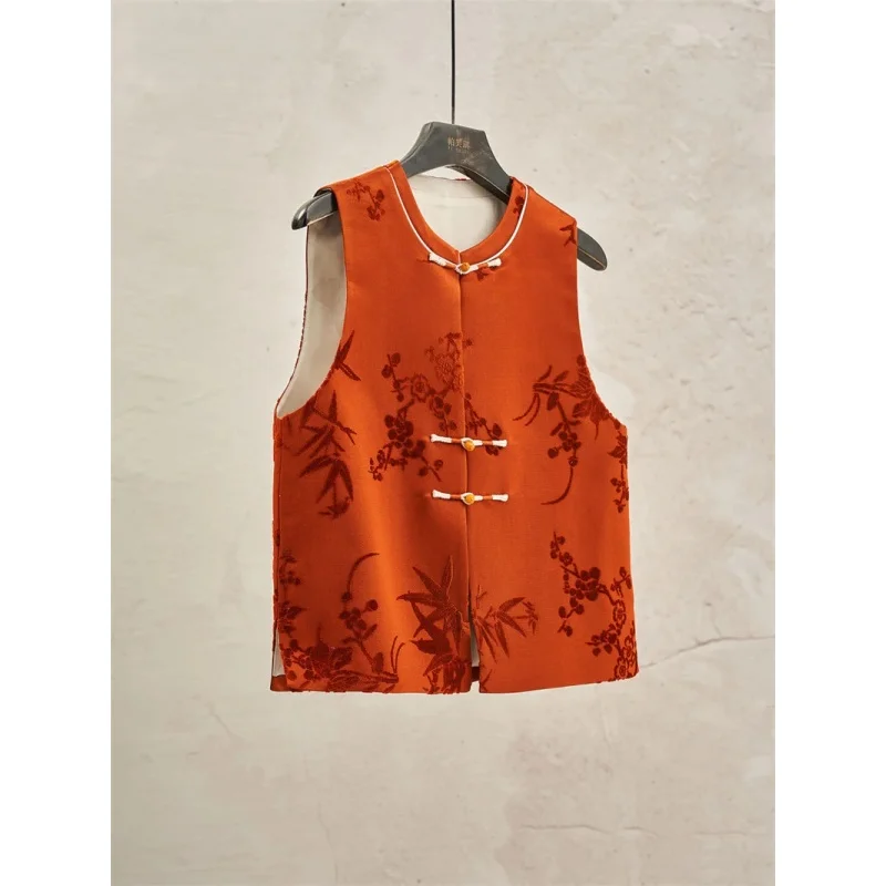 New Spring and Autumn New Year's Robe Chinese National Style Unique and Beautiful Red Velvet Mosaic Vest Top Woman Women's Vest
