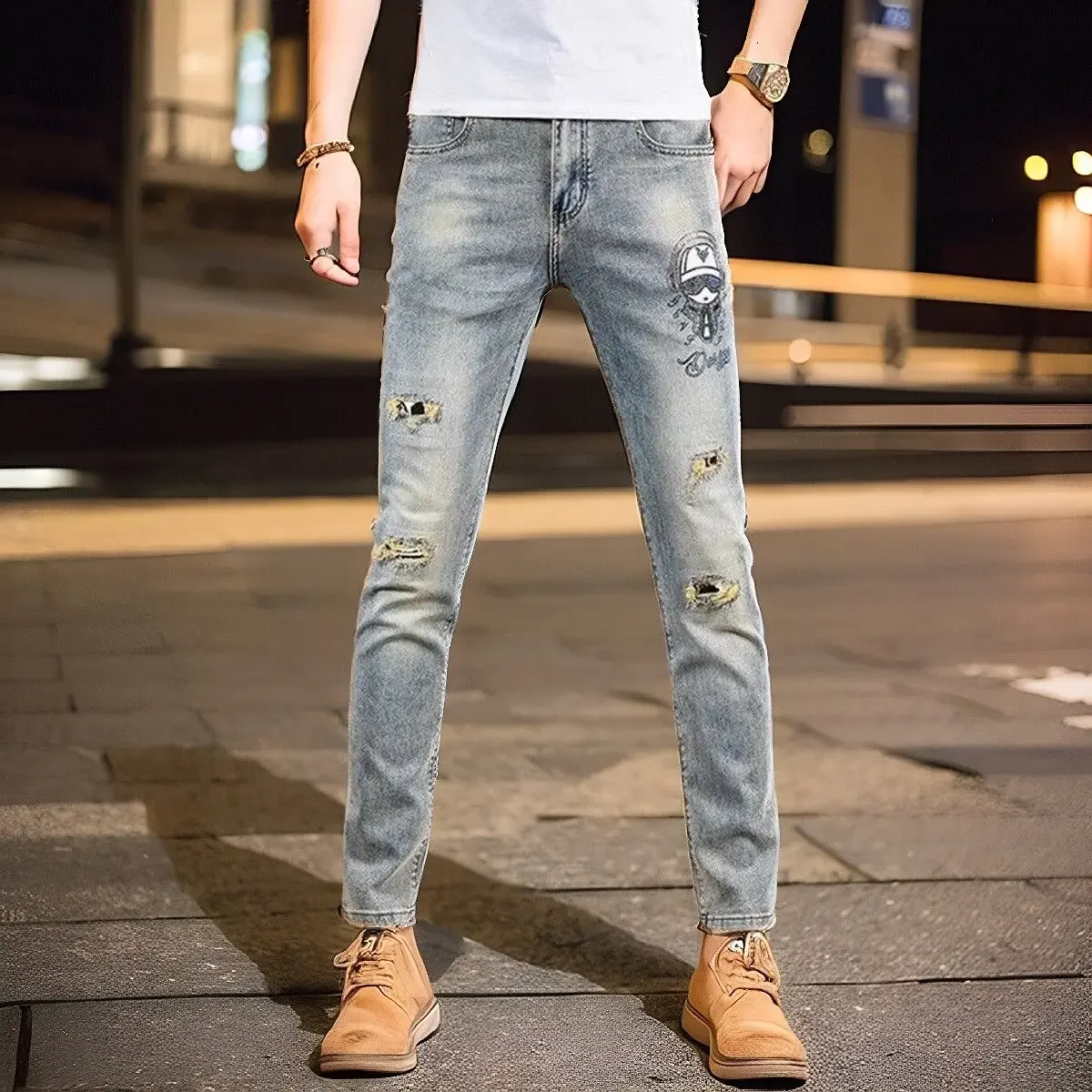 High-end Korean Spring Summer Slim Fit Jeans for Men with Rhinestone Print and Distressed Luxury Clothing Men Designer Trousers