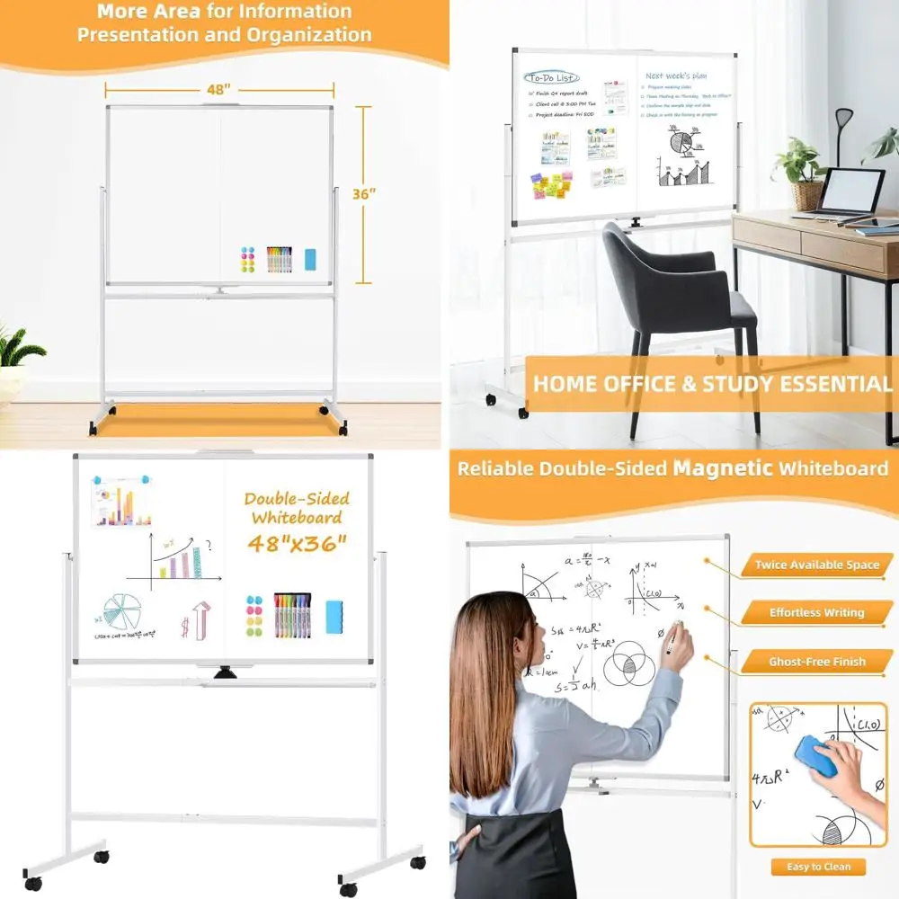 

Double-Sided Mobile Whiteboard, 48x36, Large Standing Dry Erase Board with Wheels for Office, Home, School, 4x3 ft