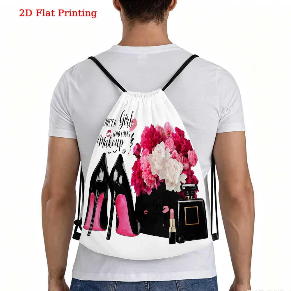 2D Flat Printing High Heels And Flowers Pattern Drawstring Backpack Fitness Sports Outdoor Travel Bag