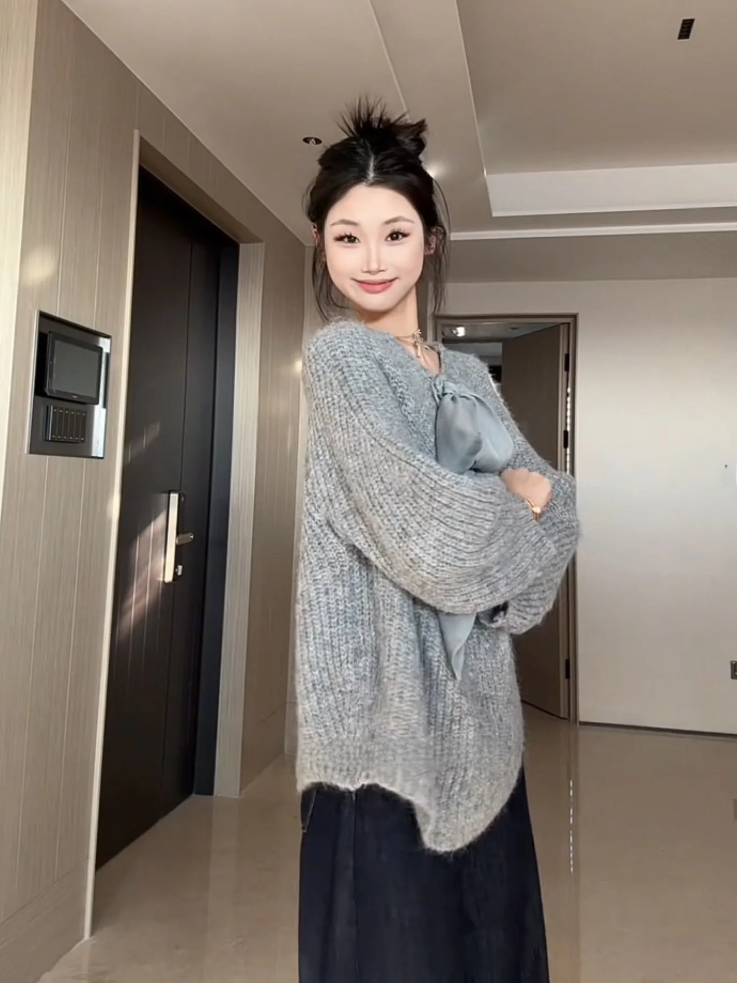 فتاة غنية Sle محبوك سترة المرأة الخريف الشتاء فضفاضة كسول أعلى عقدة التعادل ثي نسج الدفء انبعاث طويل Sve