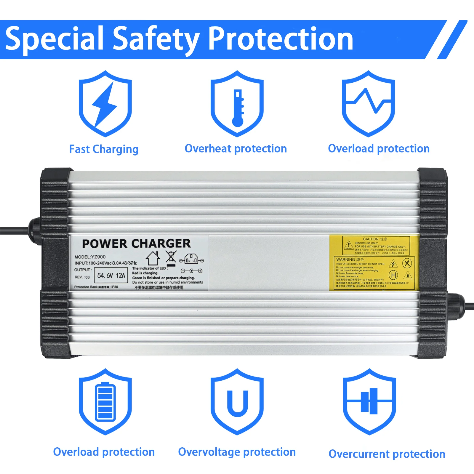 YZPOWER 54.6V 12A Lithium Battery Charger 48V 13S Fast Charging Charger Electric Bicycle Balance Car Power Tools Universal