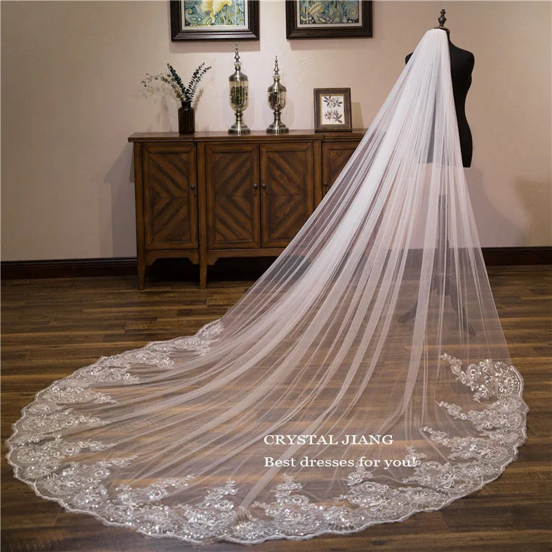 

Long Lace Applique Edge Bridal Veils with Comb 3 Meters 1 Layer Cathedral Veil Marriage Wedding Accessories