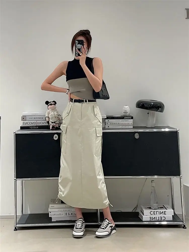 

2023 Spring Summer Korean Style Unique Design Drawstring Cargo Skirt for Women Fashion Slim Fit A Line Midi Skirt Trendy Look