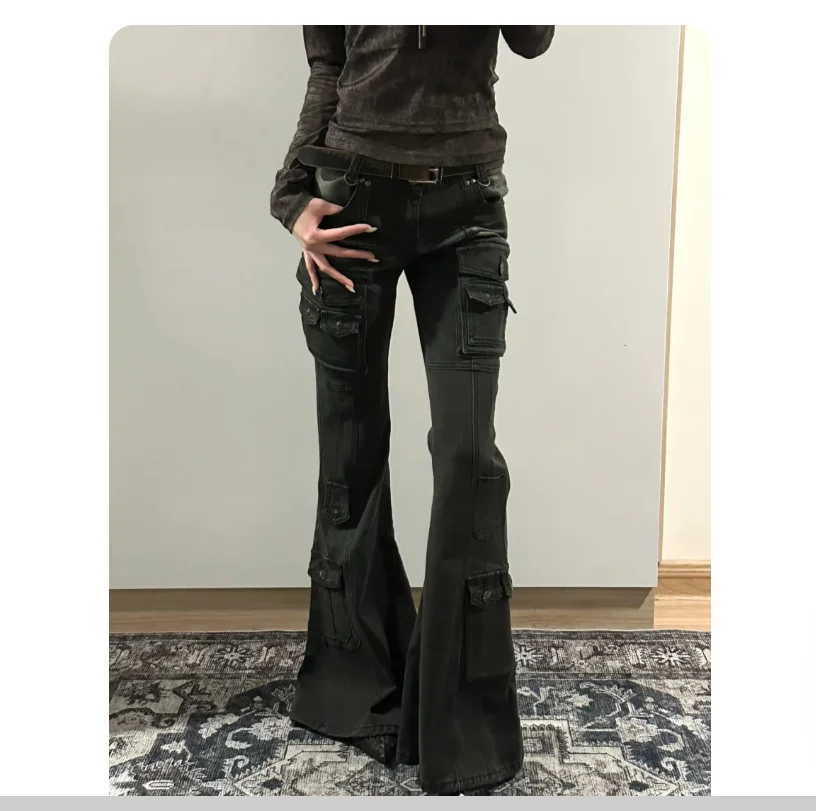 American retro multi pocket micro speaker slim fit denim pants