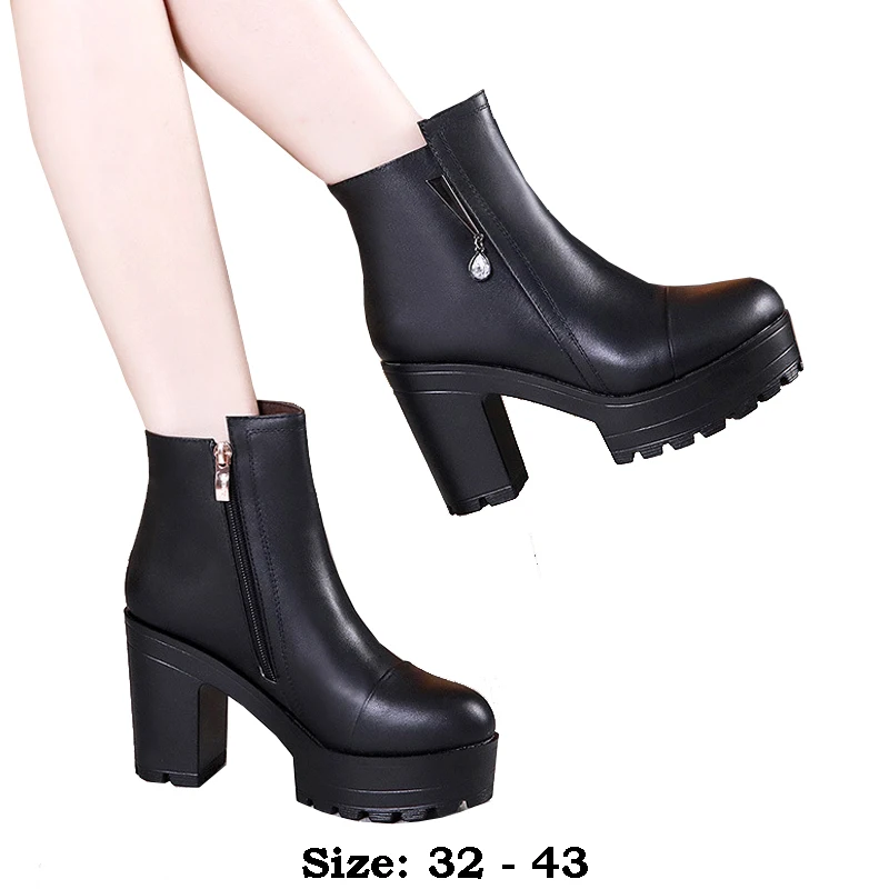 

High quality short ankle leather boots for women 10cm high heel platform new 2024 autumn winter 32 33 elegant shoe black grey