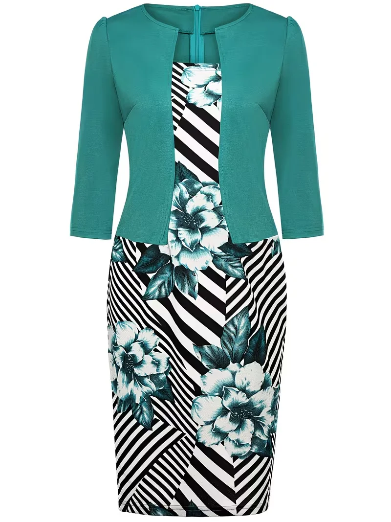 Übergröße Damen Elegantes Geometrisches Blumenmuster 3/4 Ärmel Kurzes Business Casual Bodycon Bleistiftkleid – Detail 3