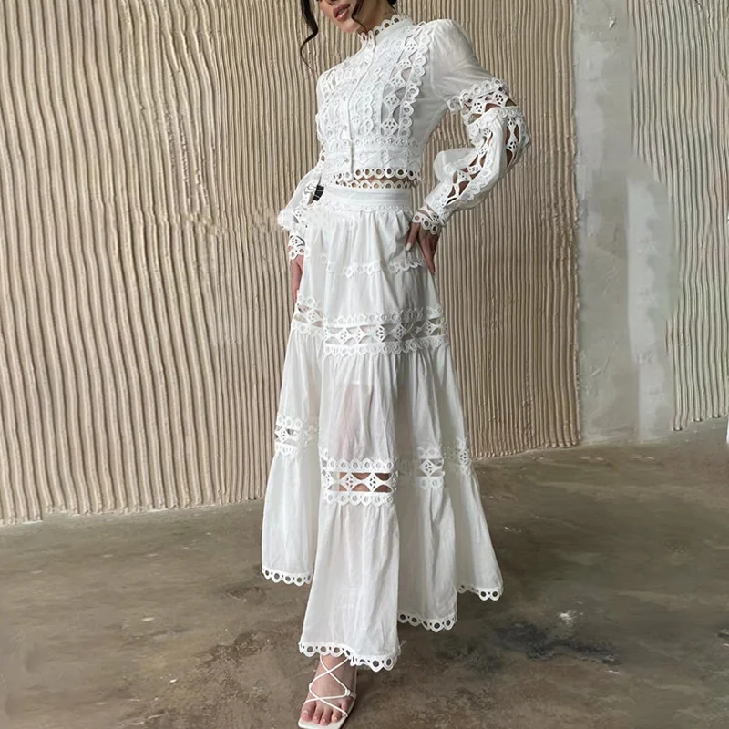 Fashion Runway Flower Embroidery Two Piece Set Women Autumn Single Breasted Lace Shirts + A Line Maxi Long Skirts Suits