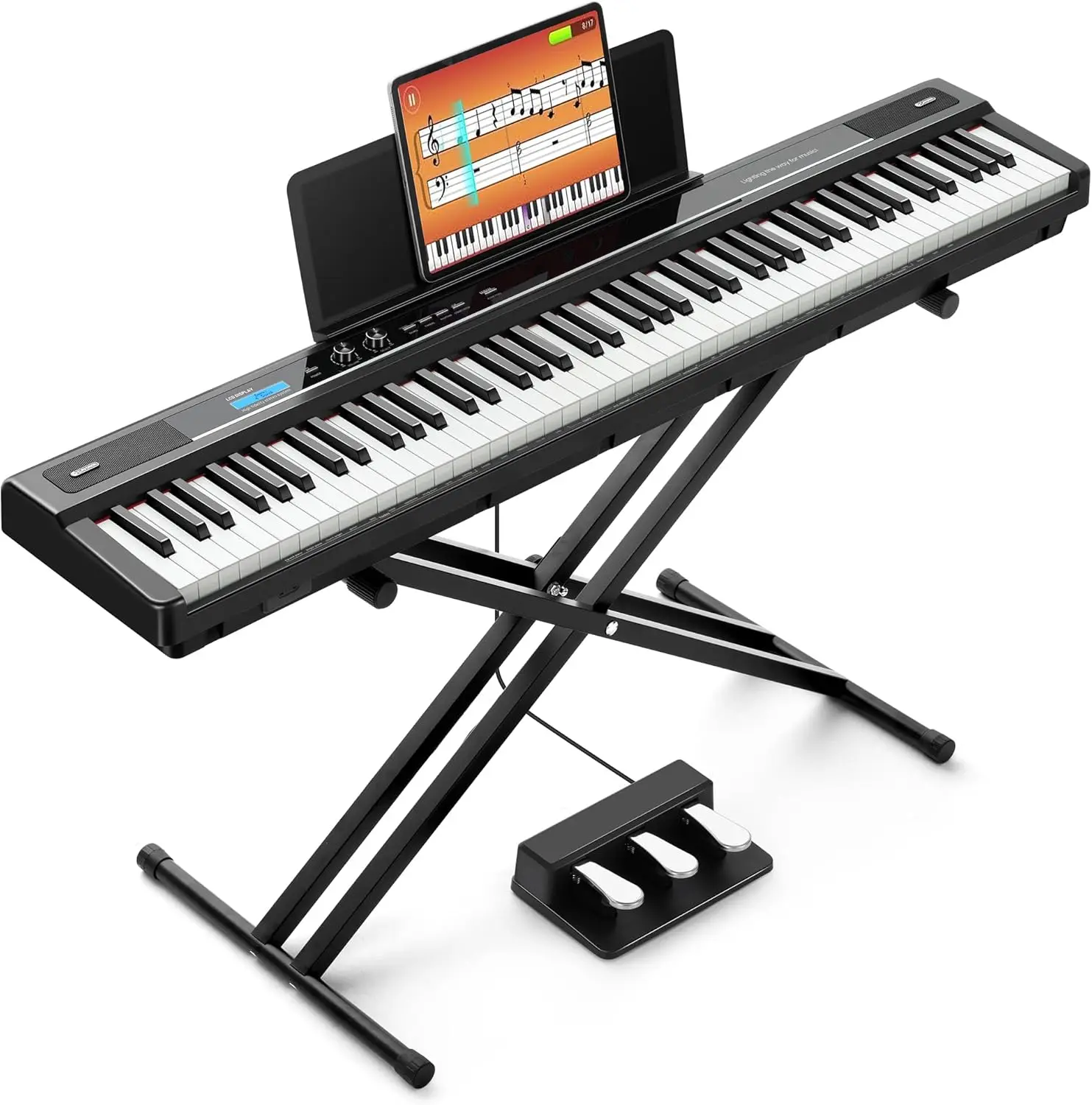 88-Key Semi Weighted Digital Piano for Beginners - Electric Keyboard with Double X-Shaped Stand, 3 Pedals and Sheet Music Holder