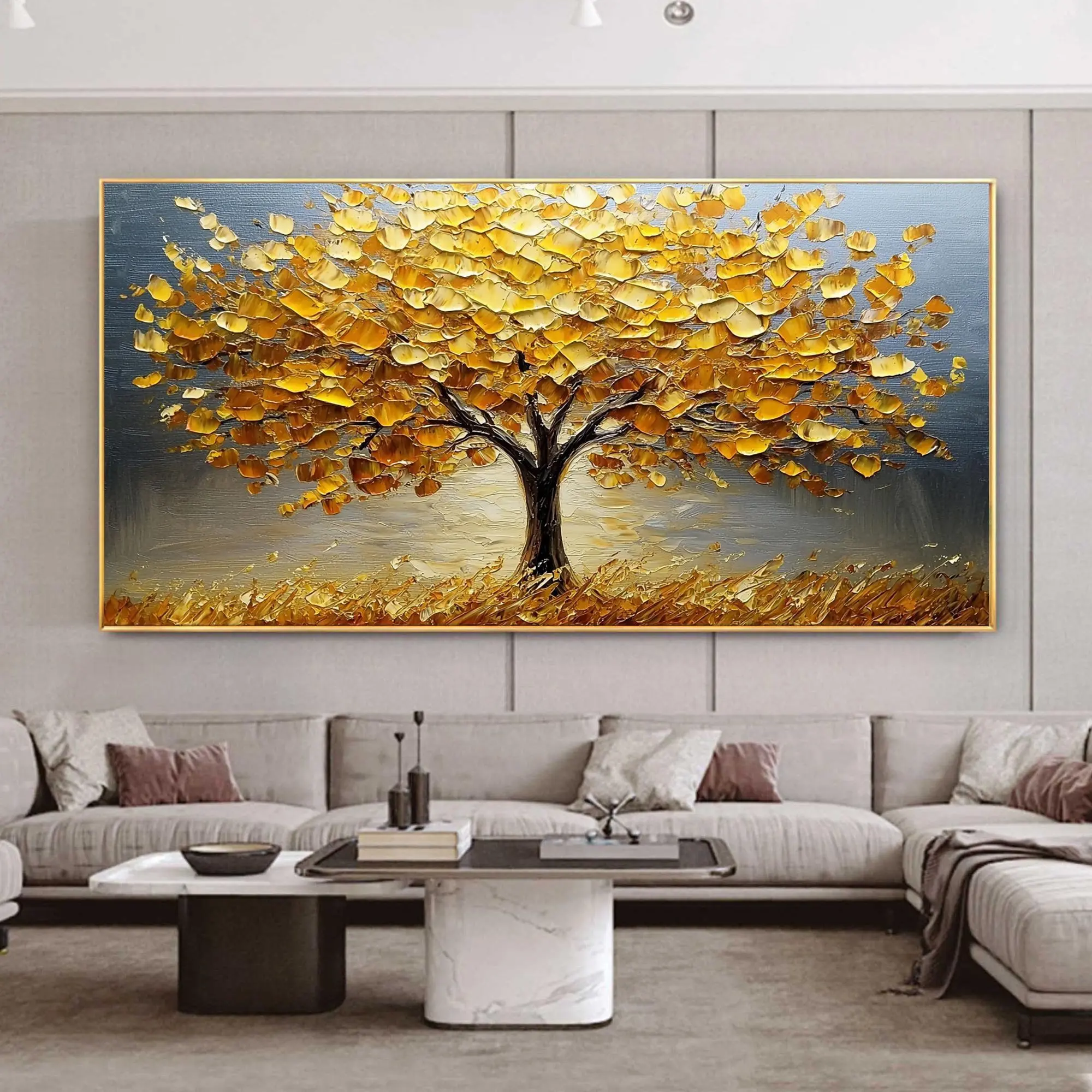 

New Abstract Large Size 100% Hand painted Golden texture leaves Tree of Life Oil canvas painting for modern living room decor