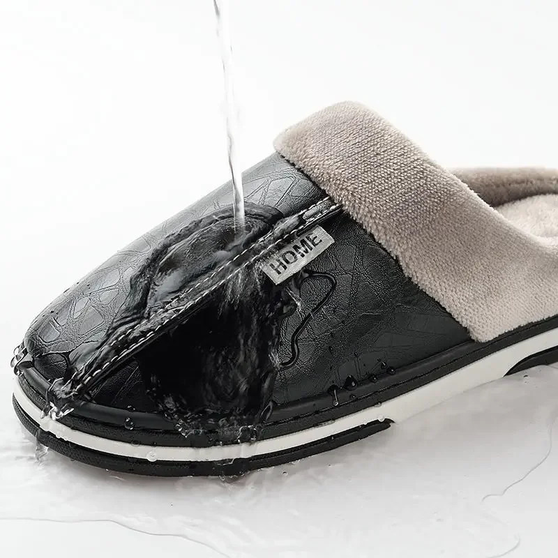 Large Size Home Waterproof Cotton Slippers Men's Winter Household Indoor Warm Leather Mop Cotton Shoes Men's Winter Wholesale