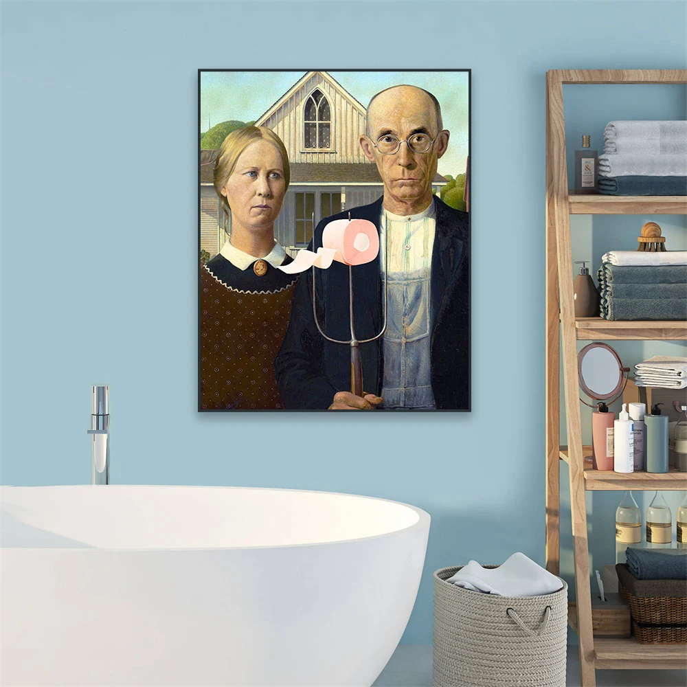 American Gothic Toilet Wall Art Posters Funny Venus With Toilet Paper Canvas Painting Altered Renaissance Art Print Toilet Decor