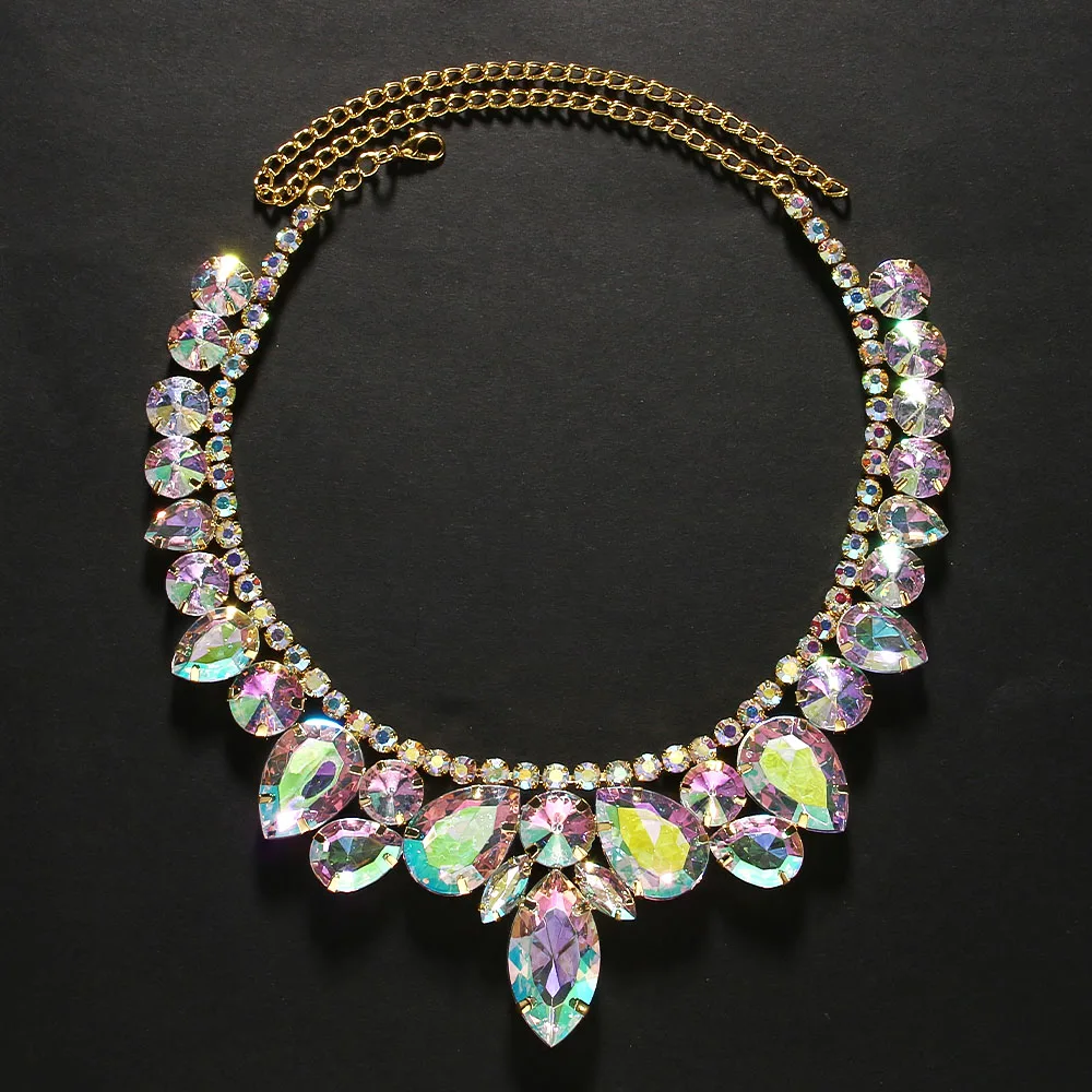 Colorful Crystal Geometric Choker Necklace Belly Dance for Women Stage Show Bling Rhinestone Collar Choker Statement Jewelry