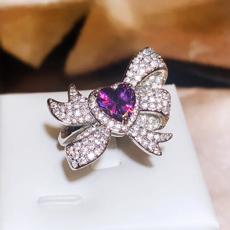 925 Silver Exaggerated Sapphire Creative Bow Ring Vivid Bright Luxurious Inlaid Butterfly Ring Party Gift