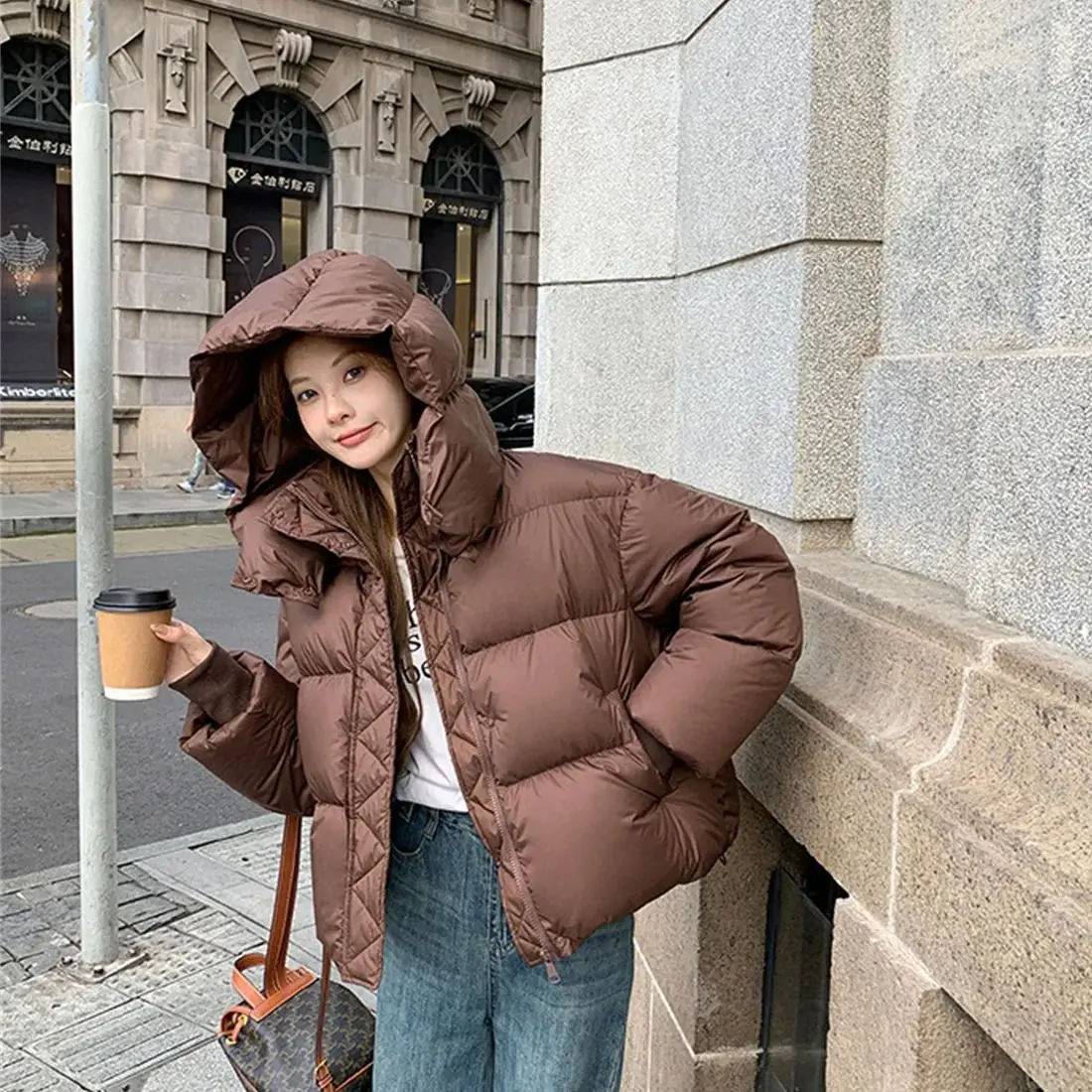 Winter Short Thick Padded Jacket Women Fashion Loose Long Sleeve Hooded Coats Solid Color Female Warm Oufwear Casual Outfit Coat