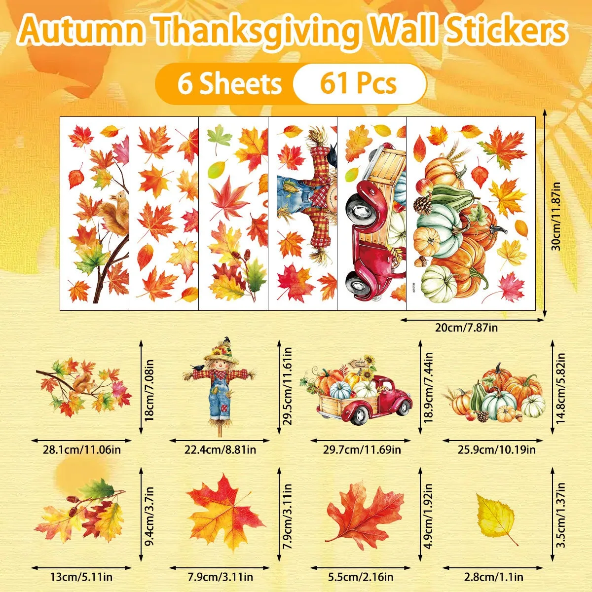 Thanksgiving Window Clings Static Stickers Pumpkin Maple Leaf Scarecrow Fall Harvest Decorations Removable Festive Home