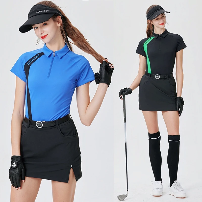 

Blktee Ladies Golf Wear Sports T-shirts Zip Collar Tops Short-sleeved Shirts Women Golf Split Skirt Set High Waist Casual Skort