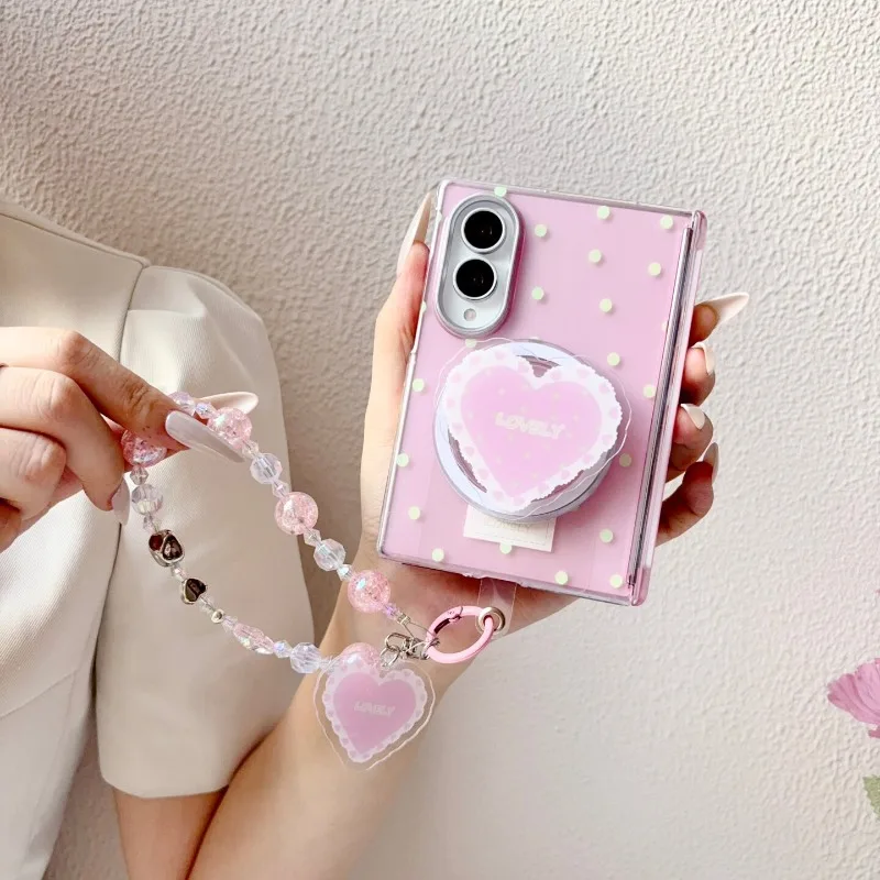 For Samsung Galaxy Z Fold 8 Ultra 7 Korean Cute Polka Dot Magnetic Phone Case with Holder Chain Protective Back Cover Anti Fall