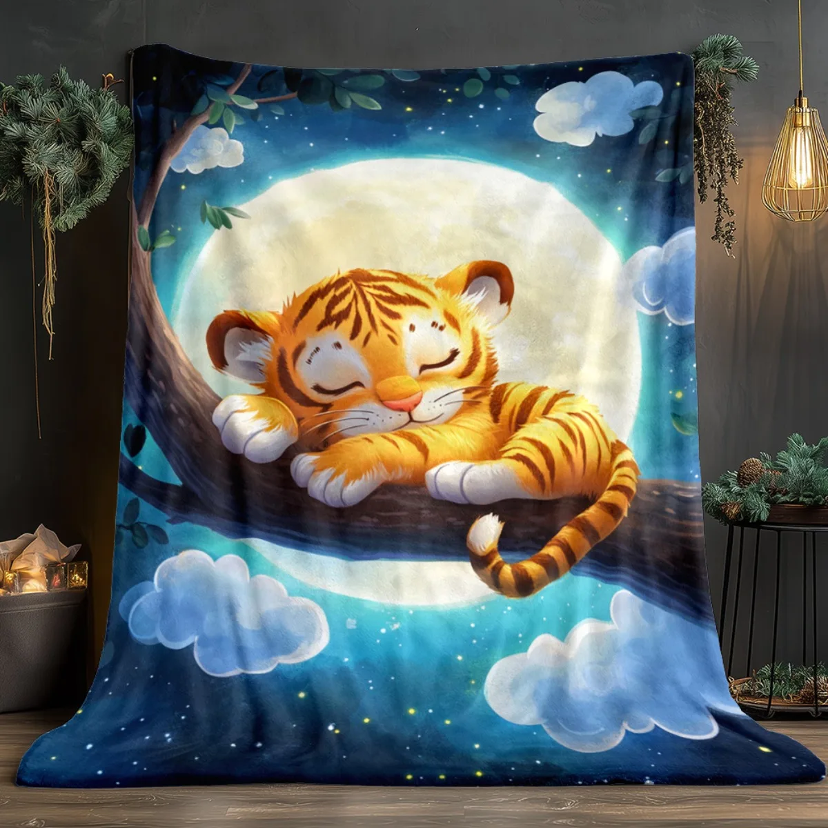 Cute sleeping tiger on tree branch moon night sky flannel blanket baby toddler blanket nursery decor animal theme soft blanket