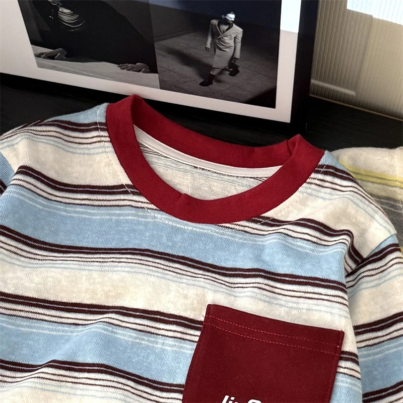 Kinder Langarm-T-Shirt Neues Retro-Streifen-Baumwollhemd Frühling Herbst Lässiges Oberteil mit Tasche für Baby Kleinkind Jungen Mädchen – Detail 2