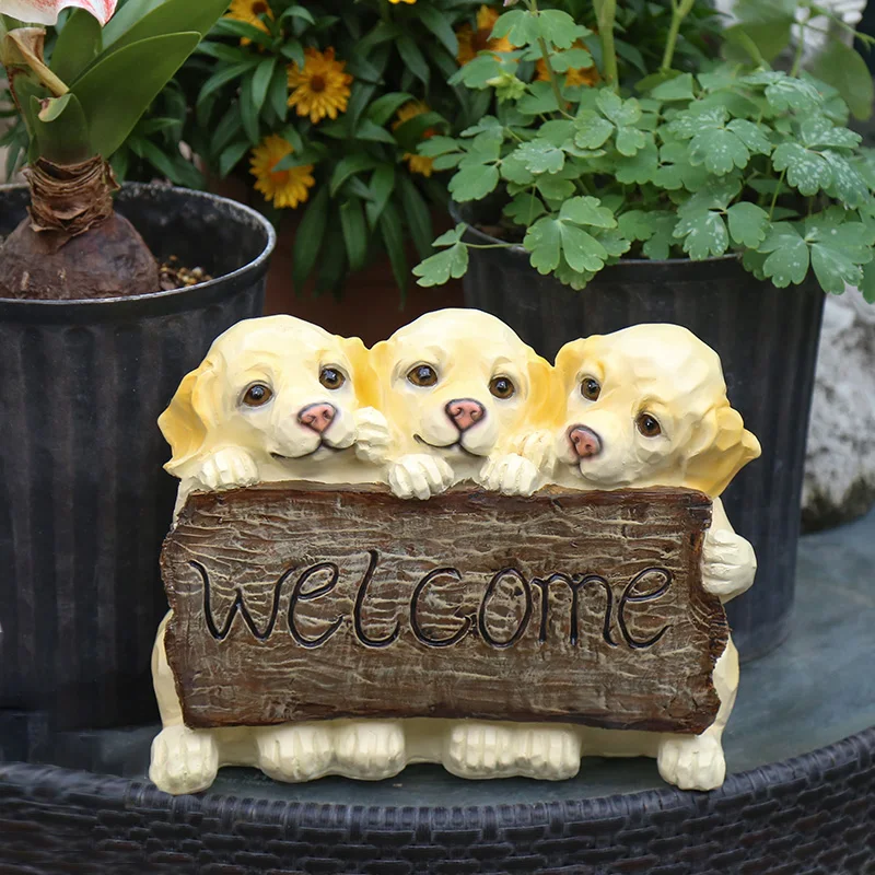 

Garden Decoration Courtyard Layout Resin Puppy Ornaments Simulation Golden Retriever Welcome Board Cute Animal Dog Home Decor