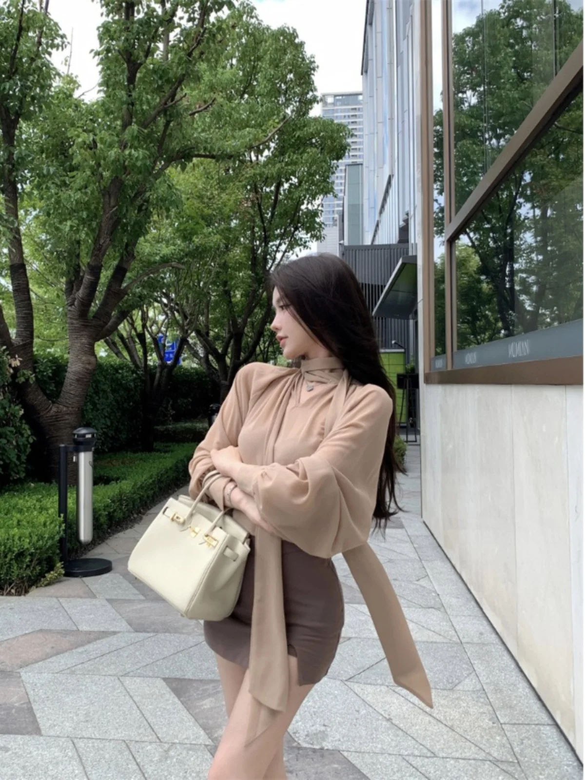 Women's Long Sve Chiffon irt  Knot Waist Cinching Loose Personali Top Commute Sle Polyester Fiber Pure Color