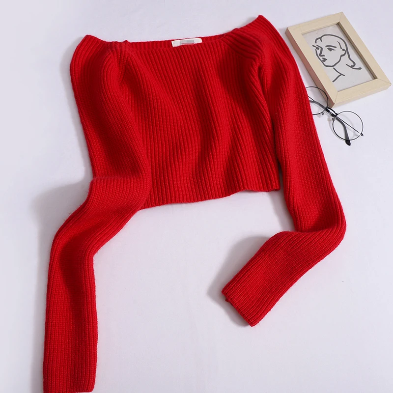 

Red one-shoulder sweater women's spring and autumn new short top