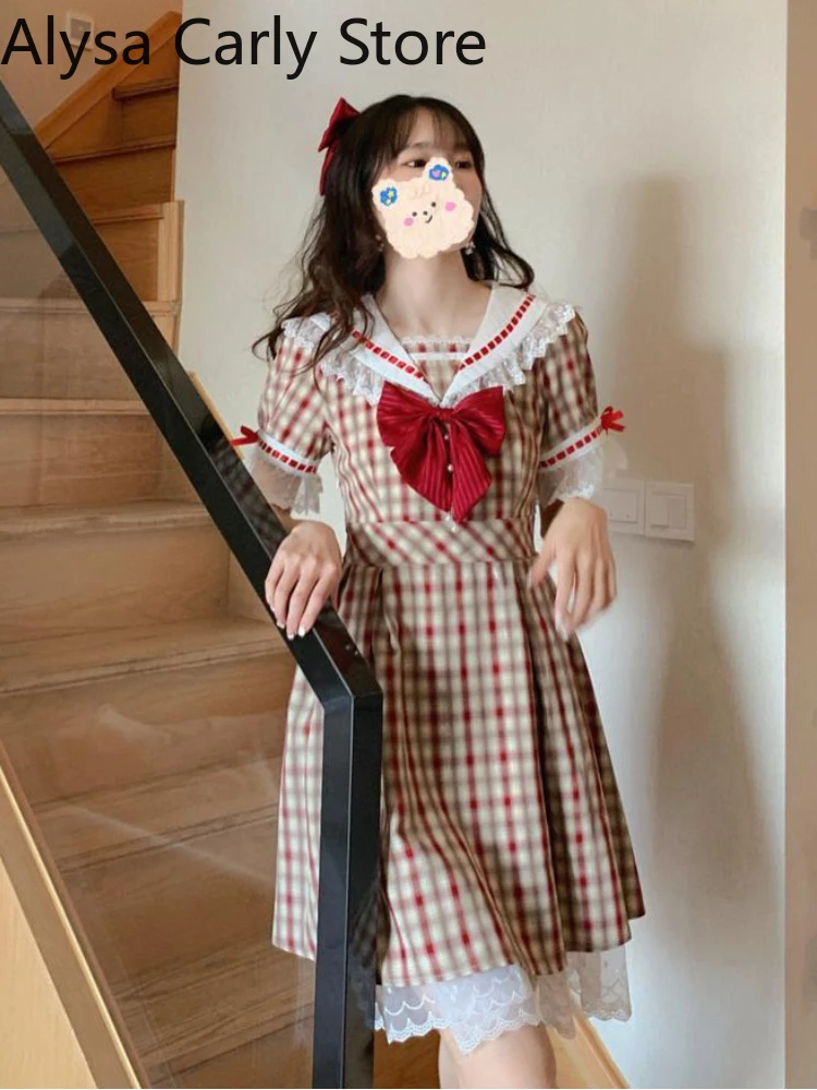 Japanese Kawaii Fairy Dress Women Summer 2022 Lace Plaid Vintage Party Mini Dress Female Bow College Style Princess Casual Dress