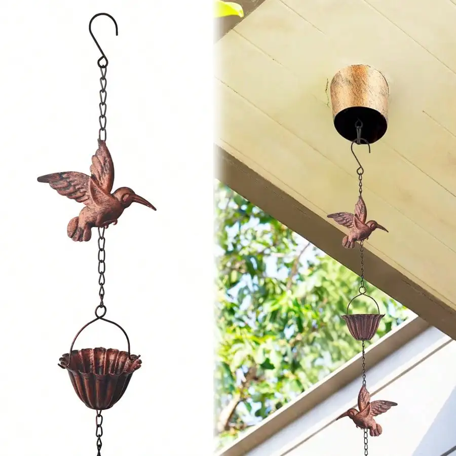 

Rain Chain, Rain Chains For Outside, Antique Copper Rain Chain For Gutters – 8.5ft Cast Iron Rain Catcher Chain, Decorative Rain Chimes Outside With 12 Cups & Hummingbird Decor