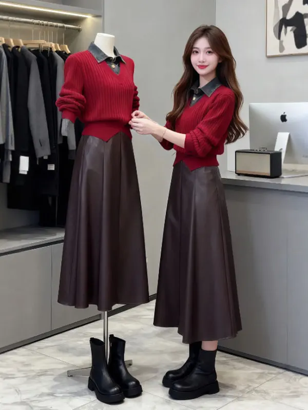 

Red Knitted Sweater And Skirt Set Retro Sli Fake Two-Piece Winter Faion Women's Comfortable Mid-Spring Two-Piece Ensemble
