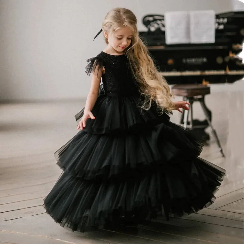 

Kids Girls Black Cake Dress Children's Host Piano Performance Clothes Model Princess Dress Performance Host Evening Costume
