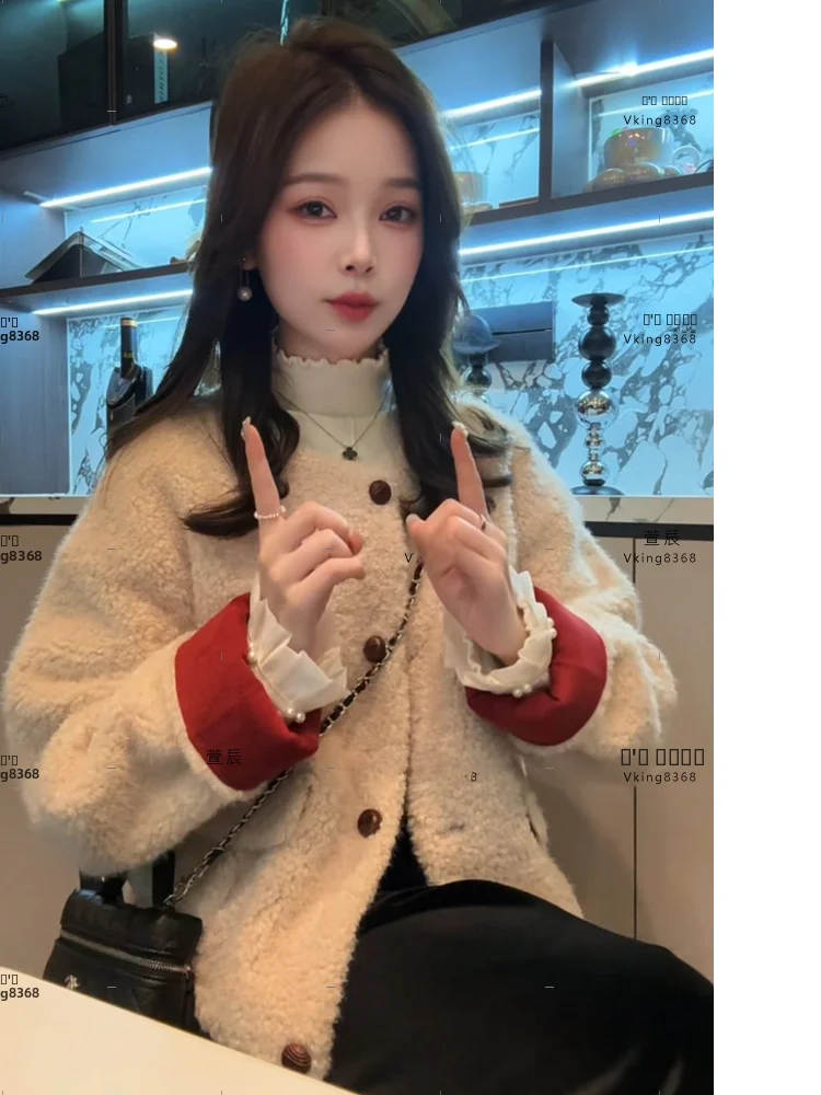 

Женское зимнее пальто Xuanxuanchen свободного кроя с вишневым узором, меховая верхняя одежда, дизайн с цветными блоками, повседневное, модное