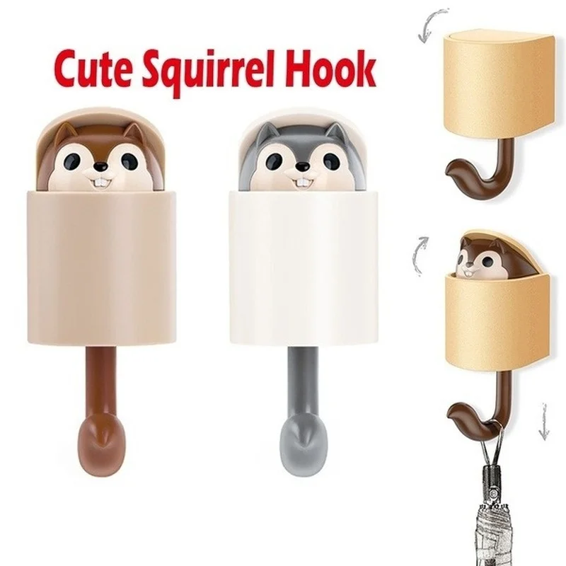 1Pcs Squirrel Wall Hook Adhesive Home Cartoon Cute Hanger Key Umbrella Towel Cap Bathroom Kitchen Hanging Hook