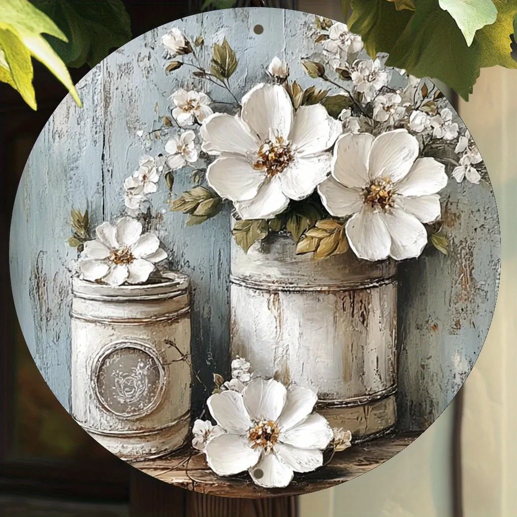 2D Flat, 1pc Floral Round Aluminum Wall Art Sign - Vintage Rustic Mason Jars with White Flowers & Greenery, 8x8 Inch Durable Met