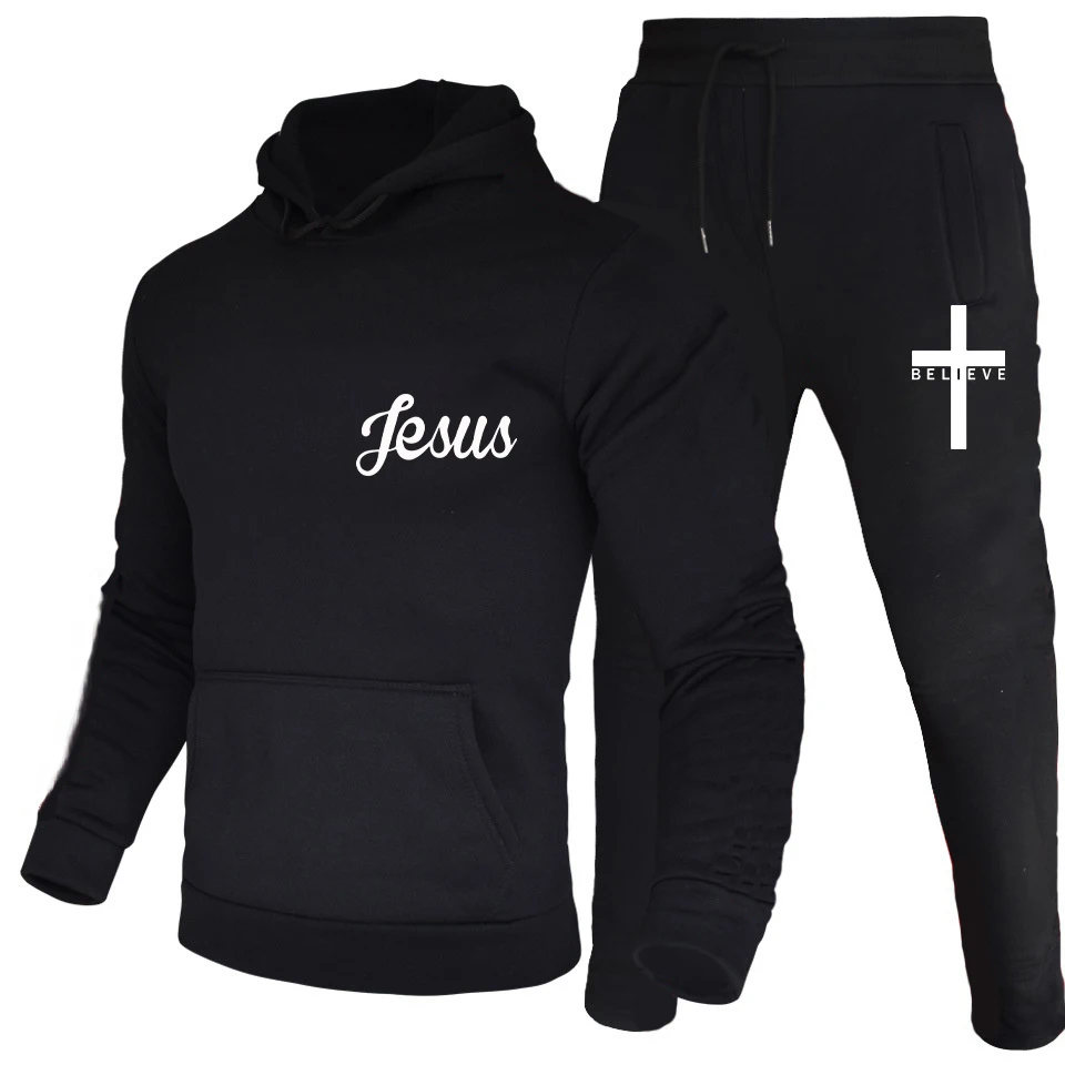 Autumn Winter Men's Sports Casual Suit Latest I Believe in Jesus Christ Printed Solid Color Hooded Drawstring Design Sports