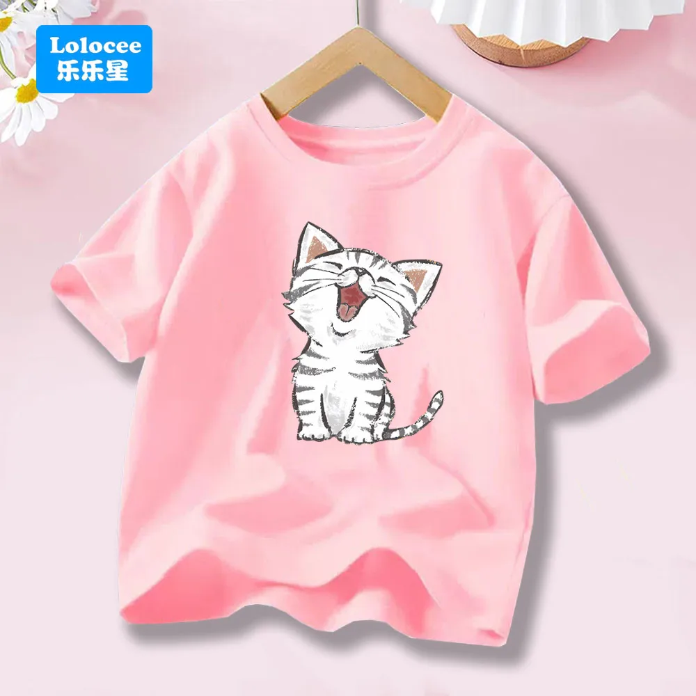 الكرتون لطيف الحيوانات الأليفة المطبوعة موضة نمط تي شيرت عادية قصيرة الأكمام تي شيرت لطيف القط الصيف نمط بلايز المحملة MBM1